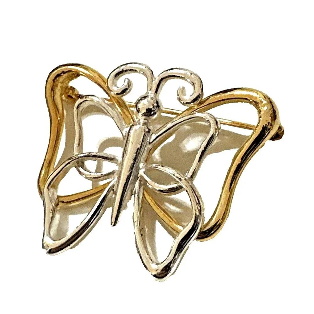 Vintage Two-Tone Butterfly Brooch Gold & Silver Tone Modernist Openwork Pin 1.5